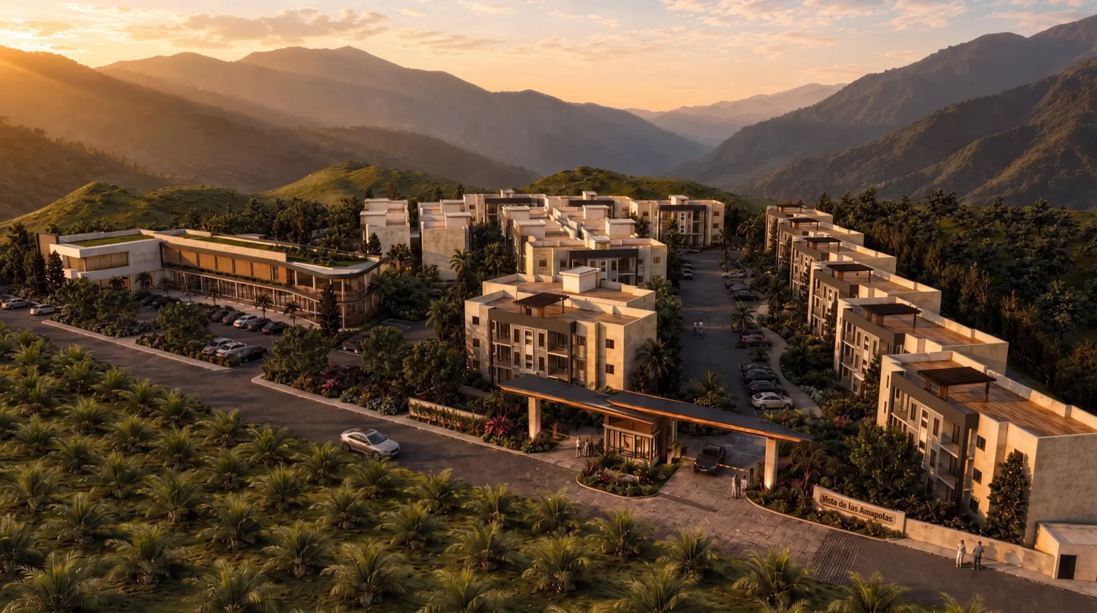 Render aéreo del conjunto: los bloques residenciales de cinco niveles, La Plaza sobre la avenida y los senderos entre las áreas verdes, con la montaña al fondo
